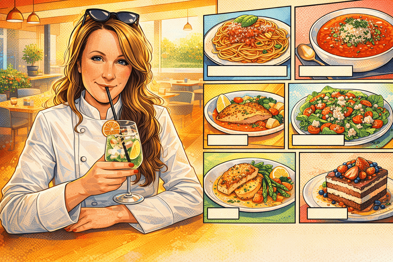 Katharina in Kochjacke mit einem Drink; daneben sechs gezeichnete Gerichte: Pasta, Suppe, Fisch, Salat, Hähnchen und Kuchen